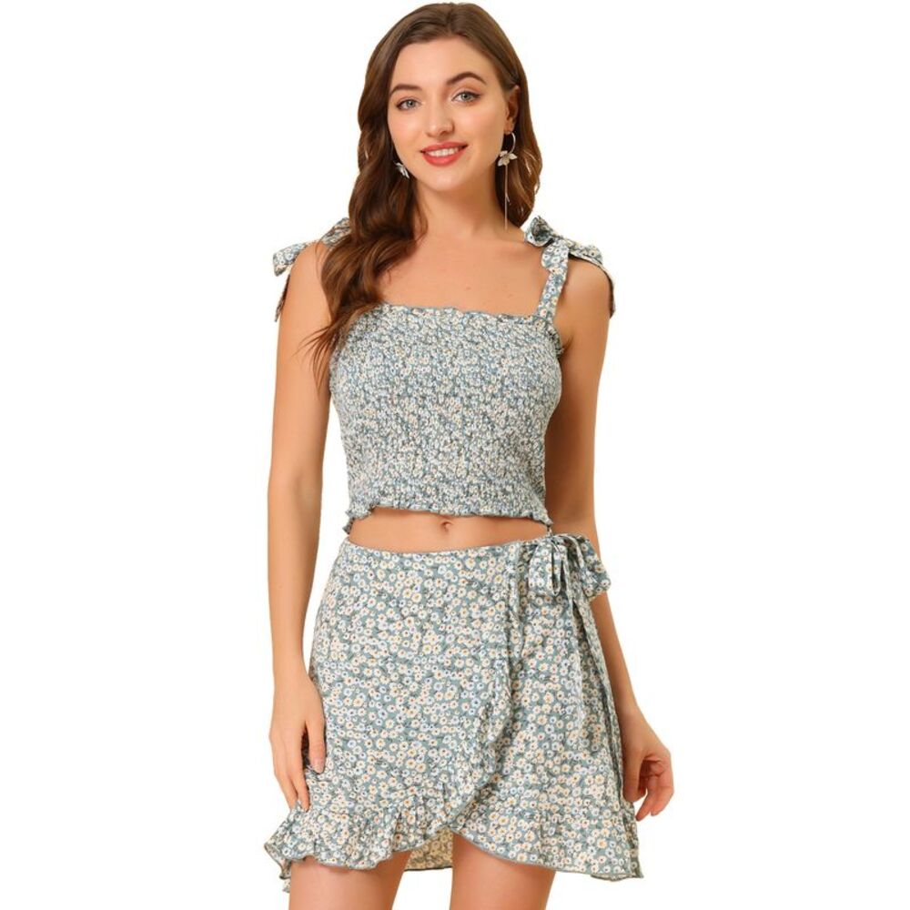 2 Piece Outfit Floral Print Smocked Mini Skirt Set Green